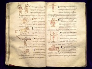 Ms 422 Fol.27v und 28rセビリアのイシドルによる「De Natura Rerum」からの星座を横切る月の道 作： French School